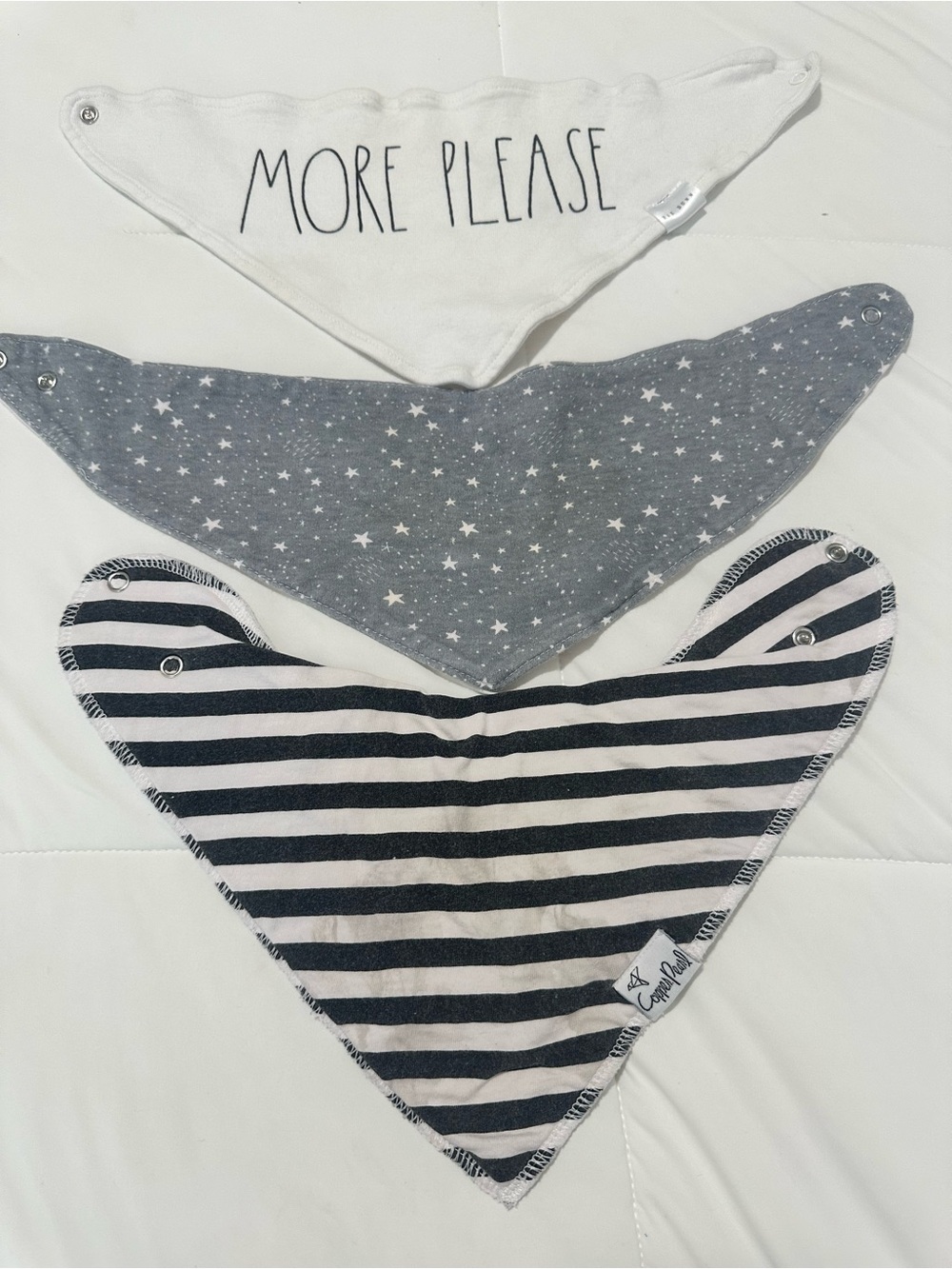 Rae Dunn more please copper and pearl Black & White stripe bandana Bibs